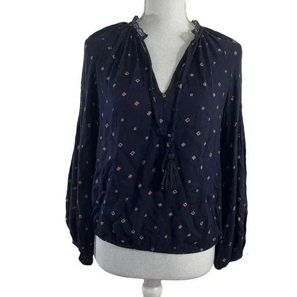 Lucky Brand Navy Blue Blouse Pink and Green Diamond Pattern Size XS - Picture 1 of 8